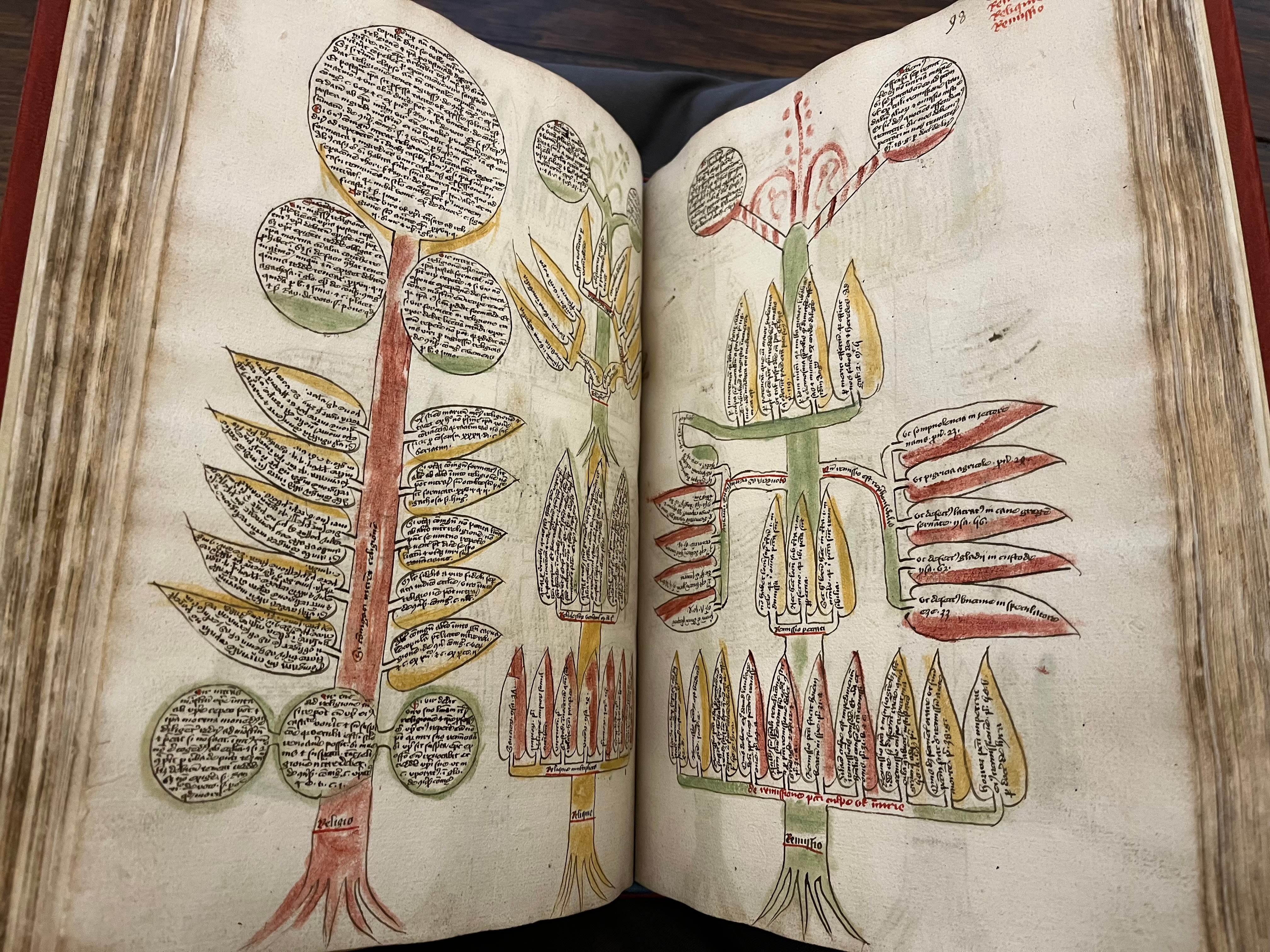 Open book, a red tree and a yellow tree on the left page, both on the general theme of religion. A single tree, with green trunk and both yellow and red lined leaves, on the ‘Remissio’ or cancellation of sins. 