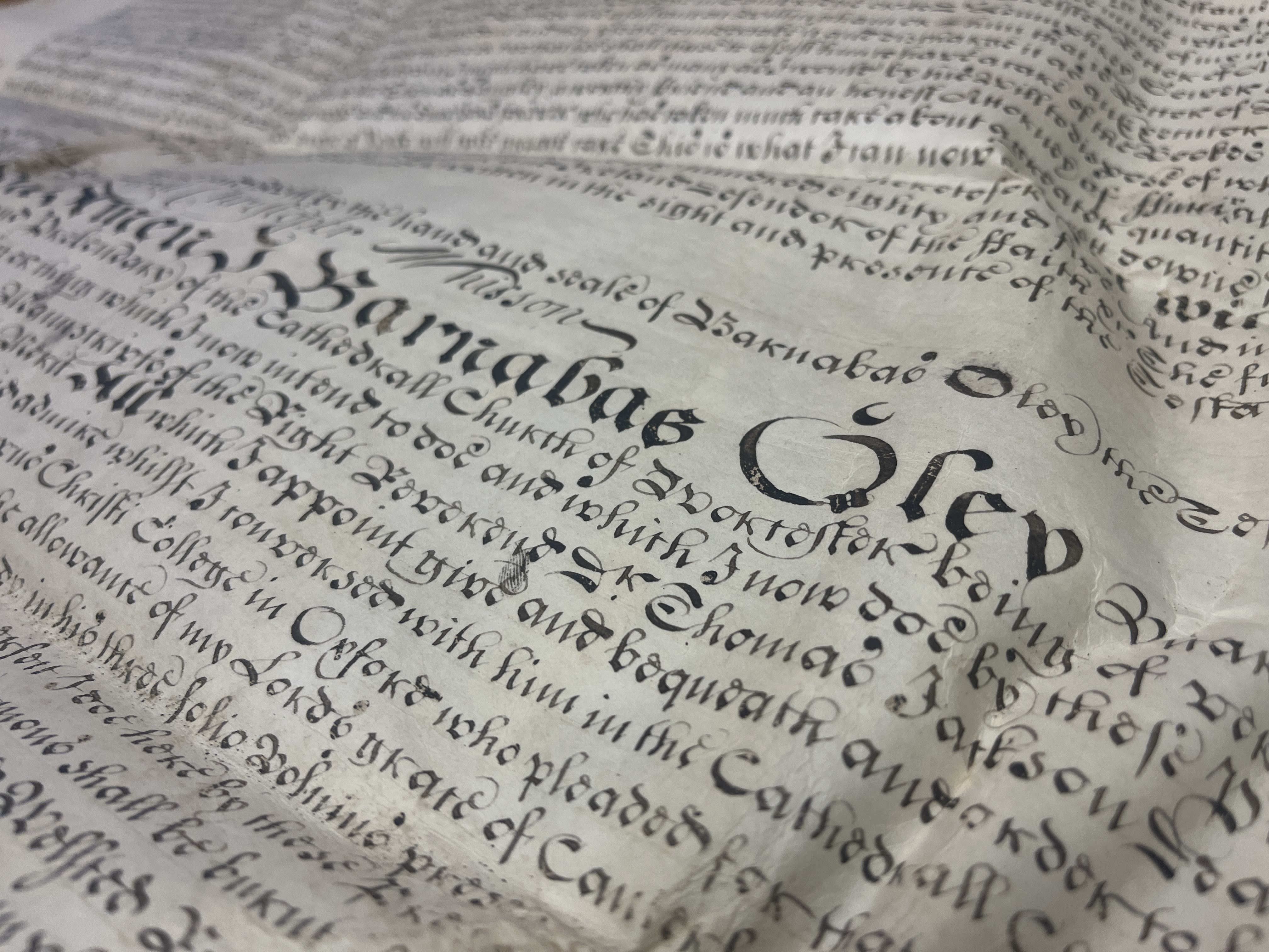 close-up of Barnabas Oley’s will showing his name at the beginning of a bequest. 
