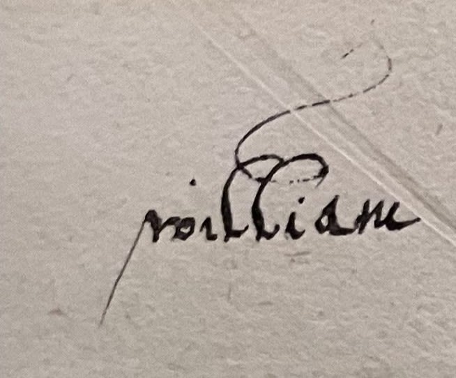 Black ink inscription on paper, stating ‘william,’ the letters ‘l’ ending in a loop, possibly a 16th century hand.