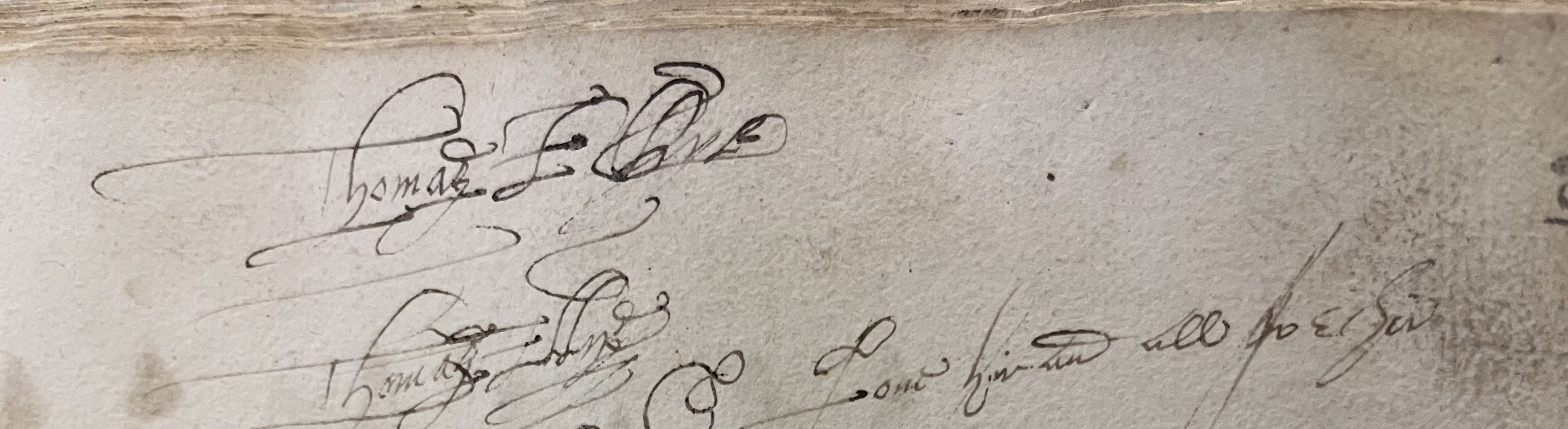 Black ink inscription on paper, stating ‘Thomas Ellis’ several times in a late 16th or early 17th century hand, with flourishes.